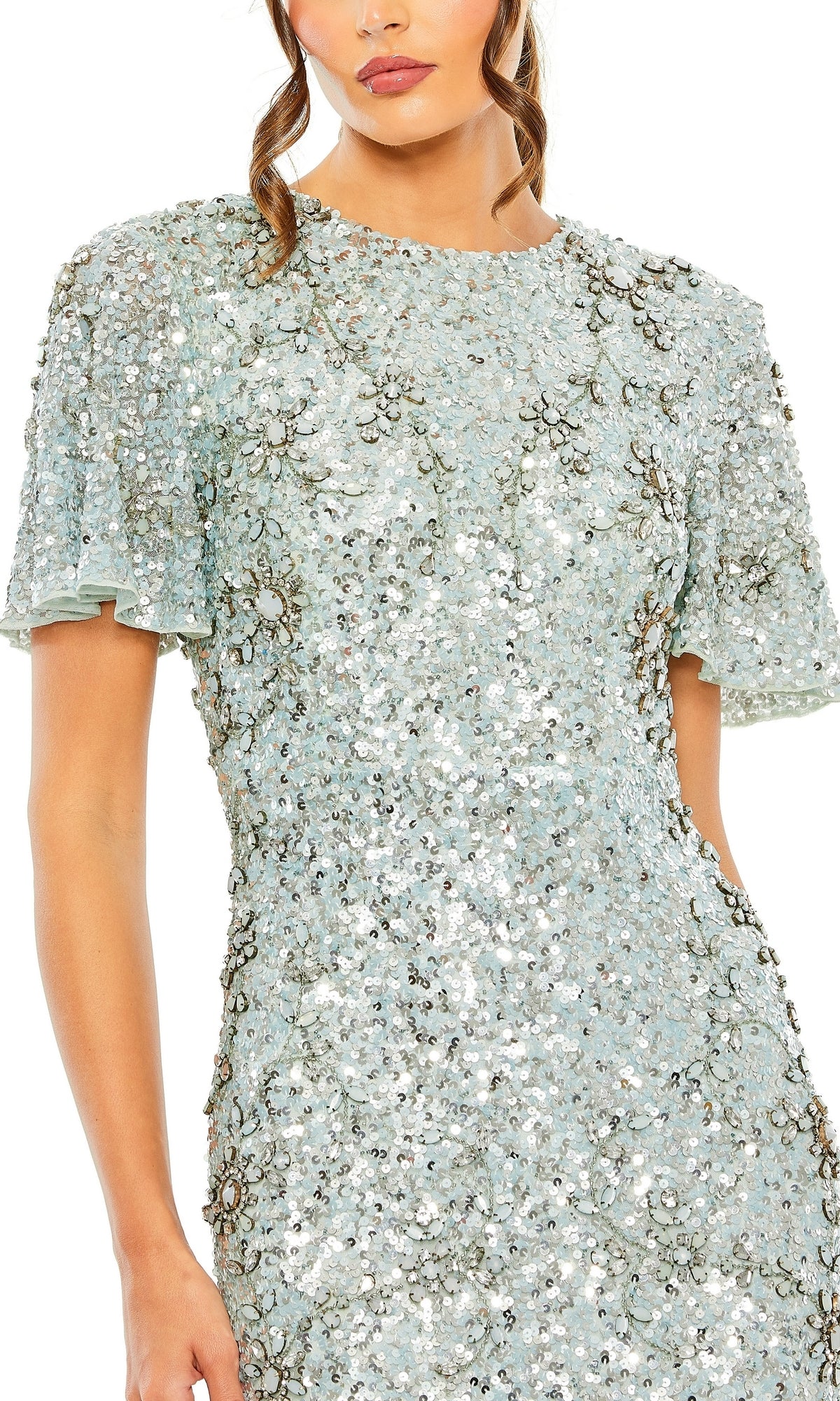 Woman wearing the Long Formal Dress 93932 by Mac Duggal in French blue, featuring short sleeves and floral sequin patterns, shown from shoulders to upper legs.